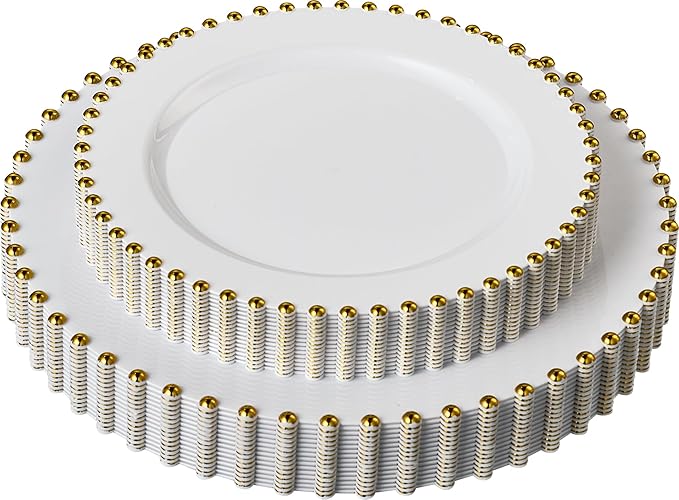 PLASTICPRO 32 Piece Combo Plastic Dinner Plates Disposable Plastic Fancy Heavy Duty Party Dishes 7 inch and 10 inch, White and Gold Beaded
