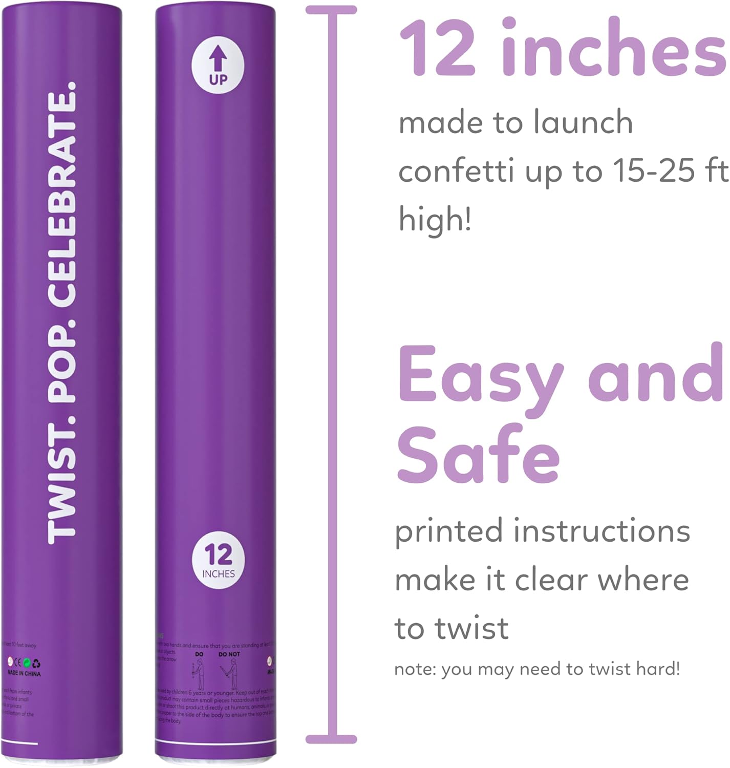 2 Pack Confetti Cannon Confetti Poppers | Biodegradable Purple Confetti | TUR Party Supplies | Launches Up to 25ft | Giant (12 in) | Party Poppers for Graduation, Birthdays, Weddings, and Memorial Day