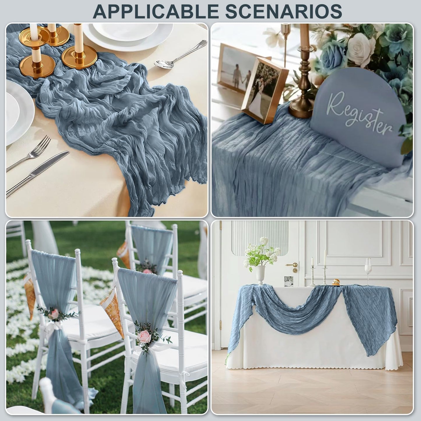 GARIG 6 Dusty Blue Table Runner for Summer, 10FT Boho Sheer Spring Gauze Cheesecloth Table Runner 35x120Inch for Mother's Day Wedding Party Baby Bridal Shower Birthday Home Decor