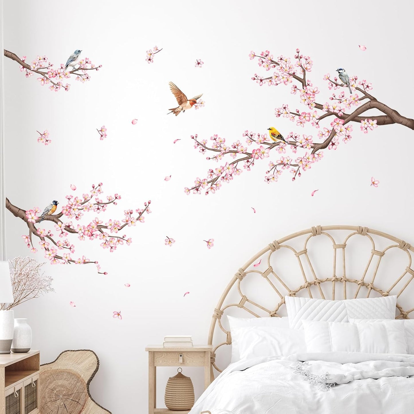 Pink Cherry Blossom Branch Wall Decals, Flowers Birds Wall Stickers Vinyl Peel and Stick Wall Decal Self Adhesive Wall Art Sticker for Aisle Bedroom Offices Sofa TV Backdrop Wall Home Decor