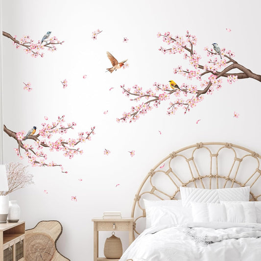 Pink Cherry Blossom Branch Wall Decals, Flowers Birds Wall Stickers Vinyl Peel and Stick Wall Decal Self Adhesive Wall Art Sticker for Aisle Bedroom Offices Sofa TV Backdrop Wall Home Decor