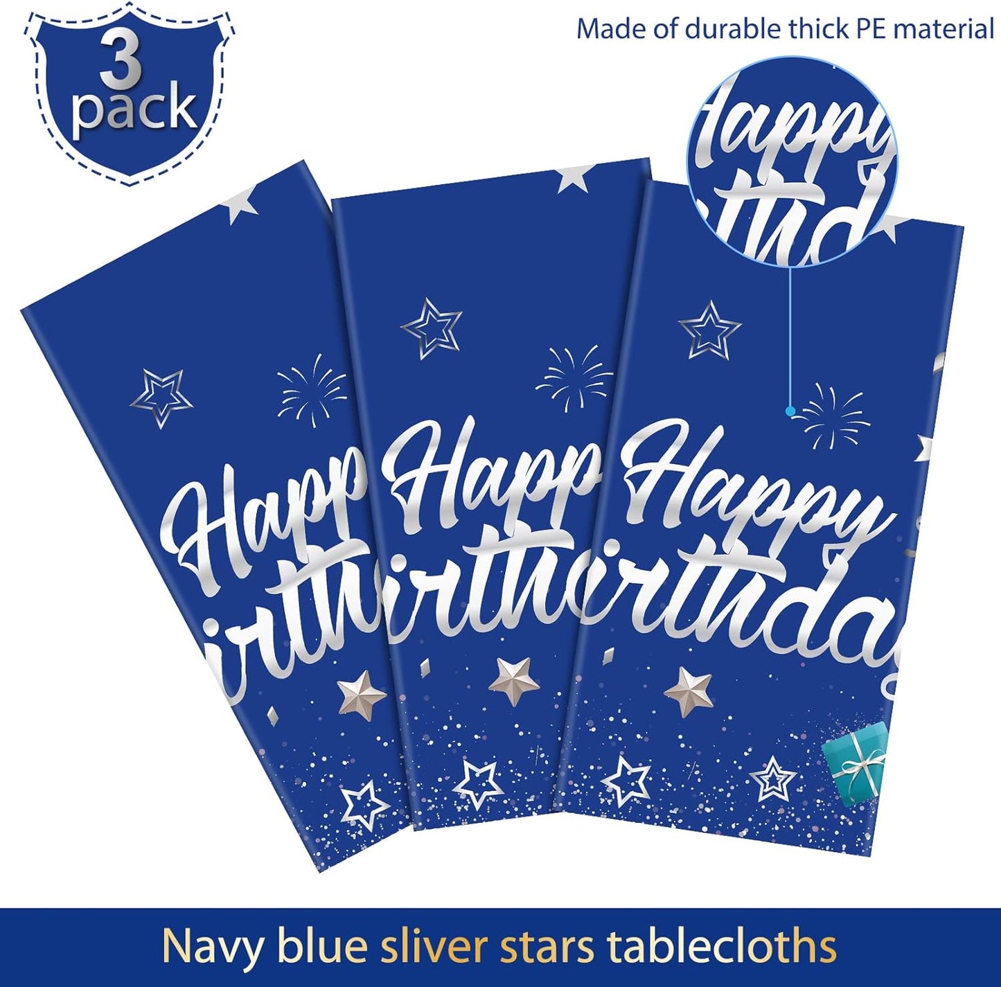 Tegeme Navy Blue Party Supplies Stars Happy Birthday Tablecloths Starry Confetti Table Covers for Kids Boys Girls Baby Shower Birthday Party Decorations(Navy Blue and Silver,3 Pack)