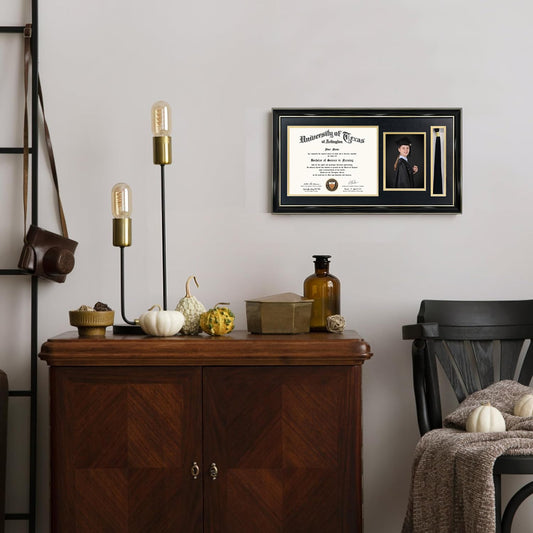 GraduationMall 11x22 Black Diploma Frame with Tassel Holder and Picture for 8.5x11 Certificate 5x7 Photo,Tempered Glass,Black over Gold Mat