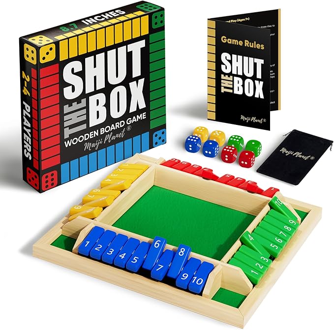 Maiji Planet Classic Original Shut The Box Game, Math Dice Board Game for Family Night Classroom Travel, Wooden Table for Group Kid Adult Senior, Camp Party Bar, Easy Quick and Fun, 2-4 Players