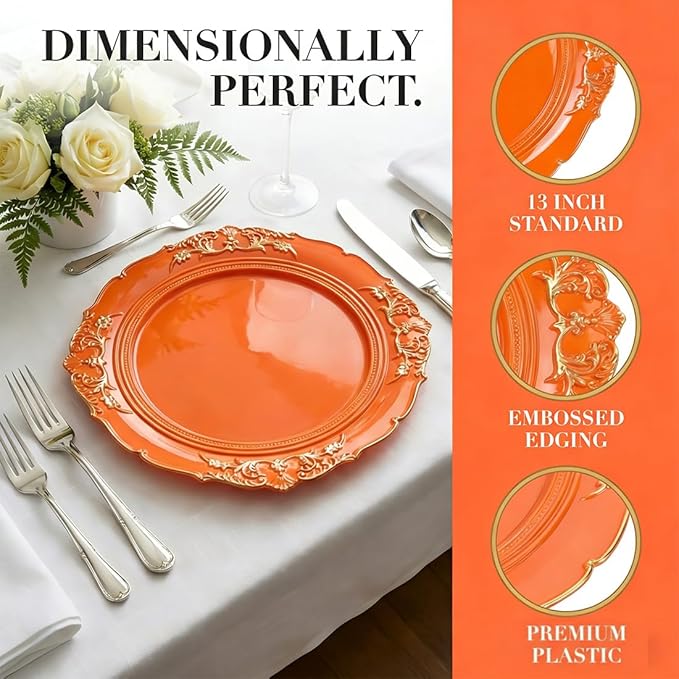 Orange Charger Plates, 13 Inch Embossed Chargers for Dinner Plates. Plastic Charger for Wedding, Party. (Set of 6)