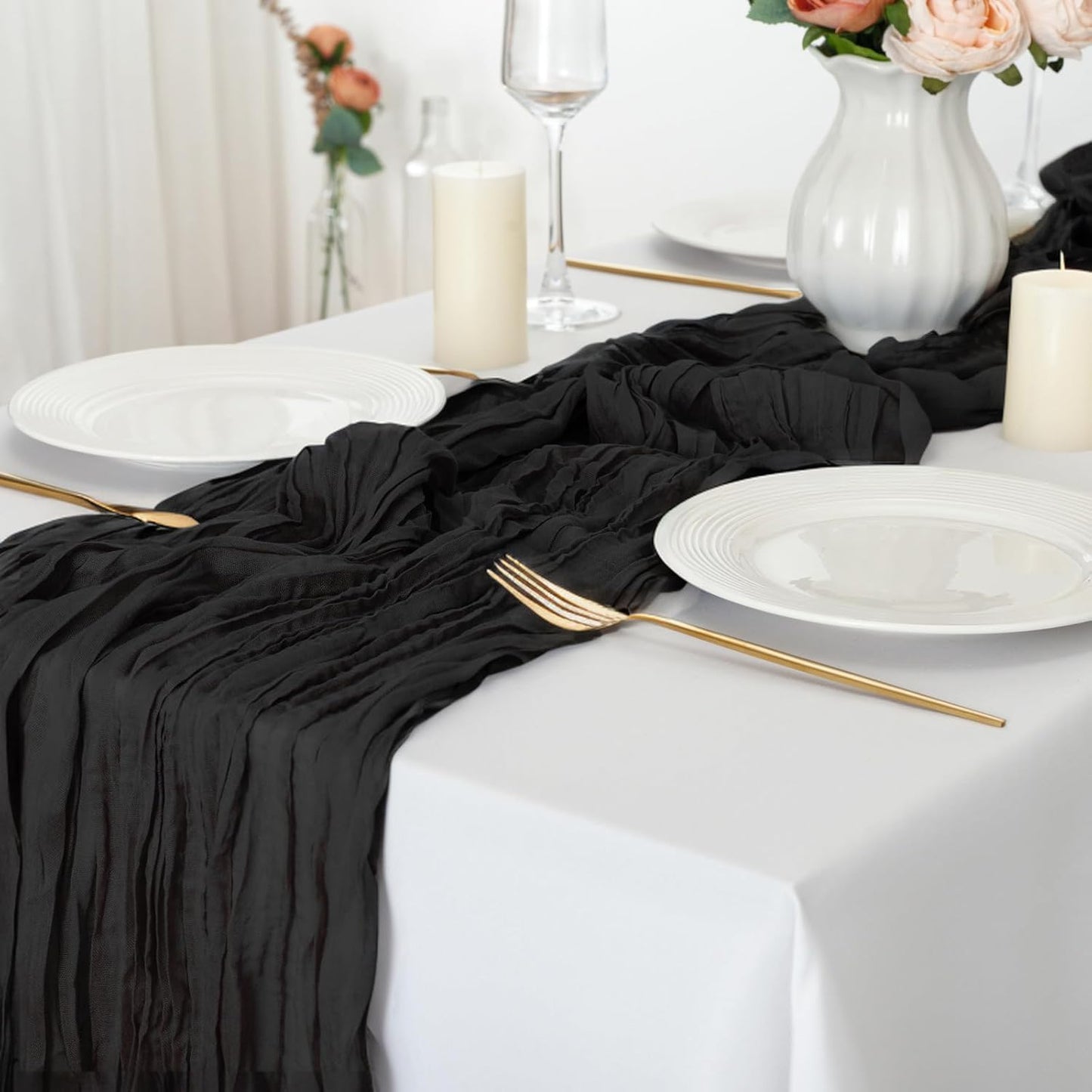 combocube 6 Pack 35x120 Inch 10Ft Cheesecloth Long Table Runner Gauze Rustic Romantic Table Cloth for Halloween Wedding Reception Bridal Shower Holiday Birthday Party Table Decorations, Black