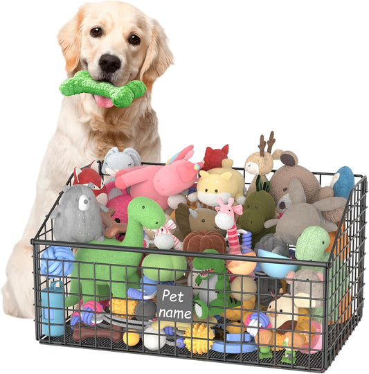 Indestructible Dog Toy basket, Large Toy Box for Dogs,Pet Toy Bin Dog Metal Basket for Toys, Toy Storage Organizer (Black)