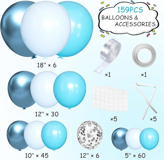 MEBAY Blue Balloons Garland Arch Kit, 147 Pcs Metallic Macaron Light Blue and Confetti Silver Balloons for Baby Shower Birthday Wedding Ocean Themed Party Background Decoration