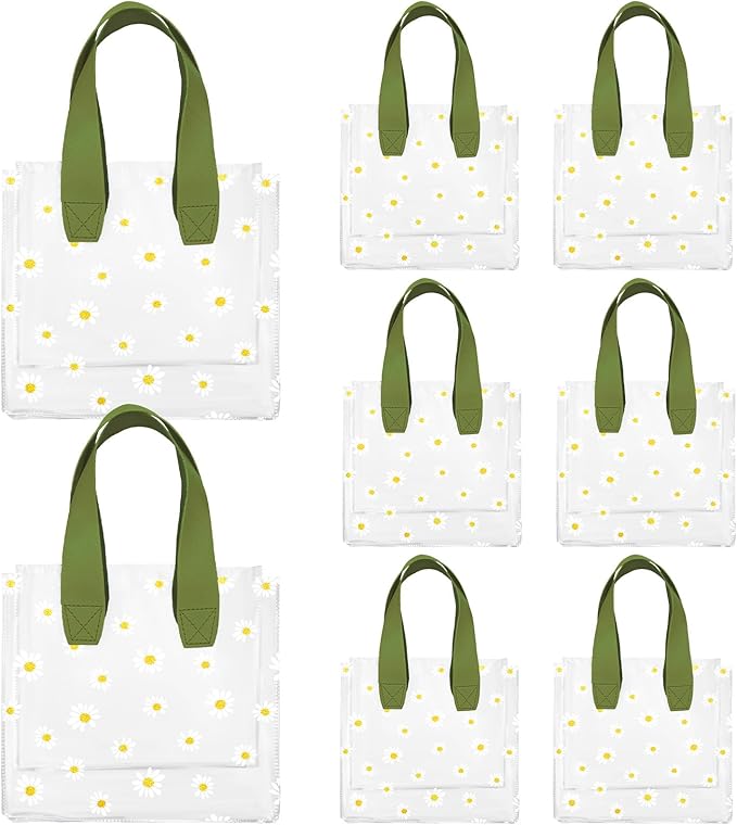 Whaline 12Pcs Daisy Clear PVC Gift Bags with Green Handle Cute Flower Reusable Transparent Treat Bags for Spring Mother's Day Wedding Birthday Bridesmaid Baby Shower Party Favor