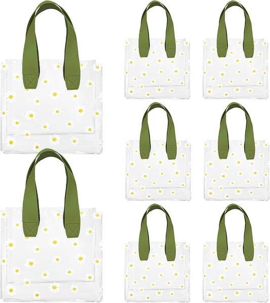 Whaline 12Pcs Daisy Clear PVC Gift Bags with Green Handle Cute Flower Reusable Transparent Treat Bags for Spring Mother's Day Wedding Birthday Bridesmaid Baby Shower Party Favor