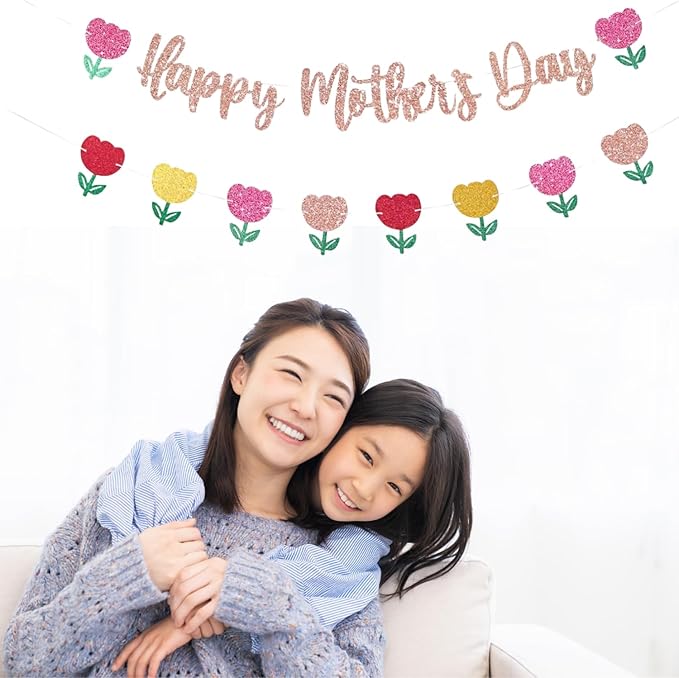 Happy Mother's Day Banner Set Decoration for Mother's Day Party Decorations Backdrop Garland for Mom Mother's Day Glitter Garland Photo Props (Rose Gold Tulip)