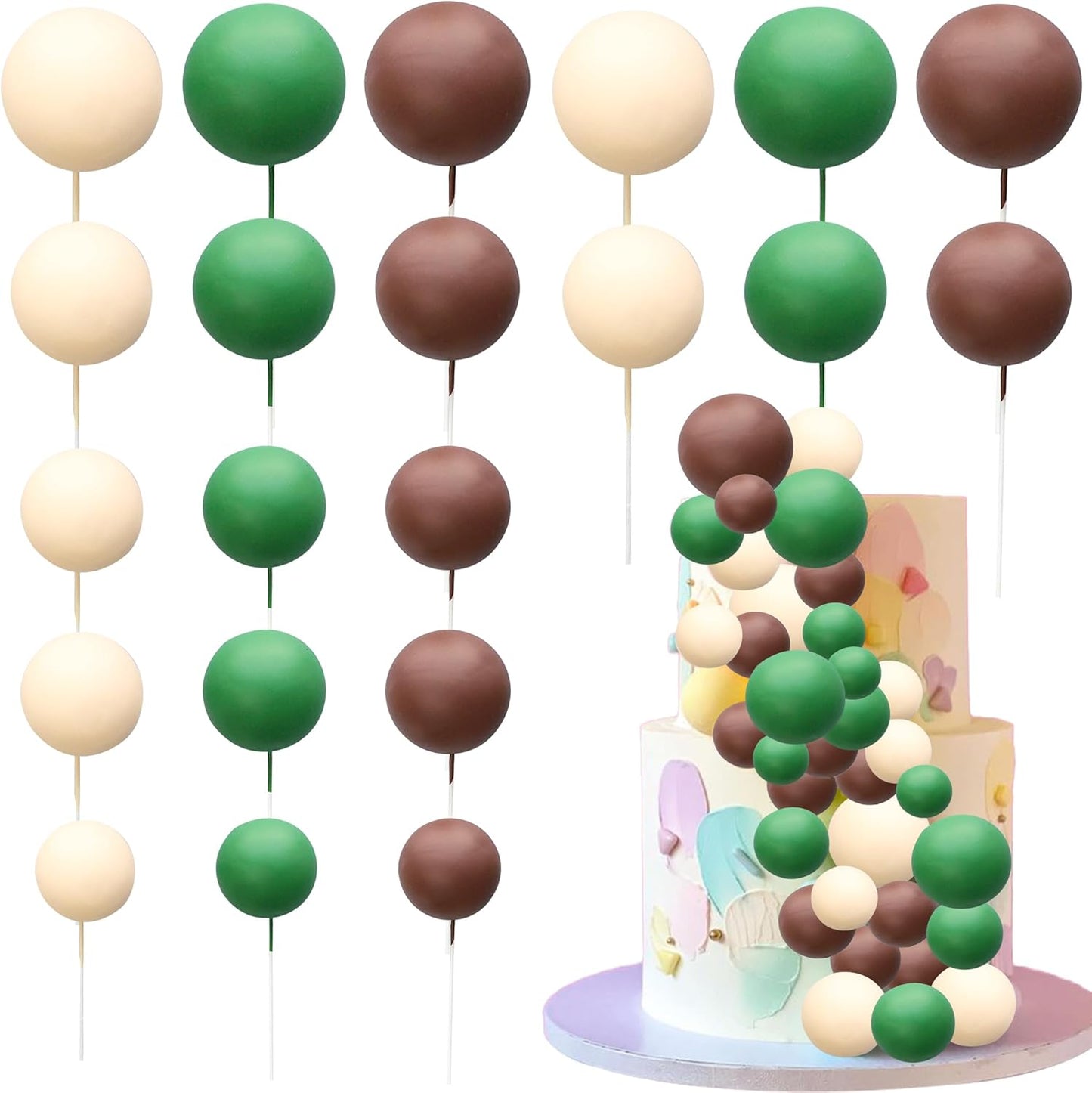 Ephlyn 30Pcs Ball Cake Topper Ball Cake Picks Colorful Pearl Ball Shaped Cupcake Insert Cake Topper for Bear Theme Birthday Party Favors Wedding Decoration Brown Khaki Green