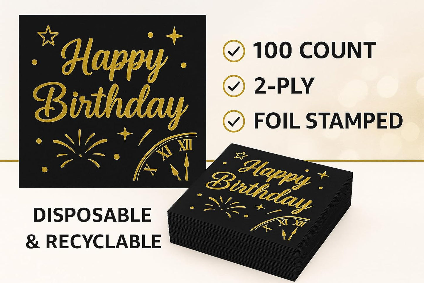 100 Black Happy Birthday Cocktail Napkins- 2-Ply Disposable with Gold Foil-Elegant Party Napkins for Drinks, Bars, Birthdays, and Celebrations (100 Count)