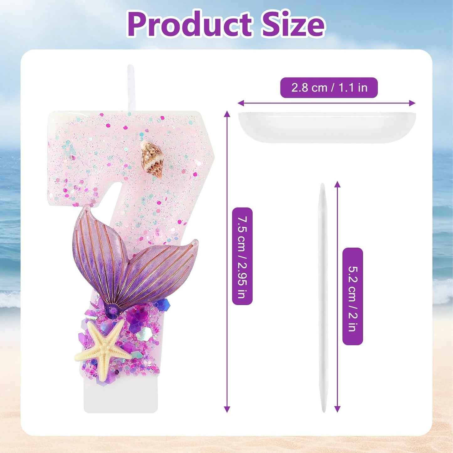 Purple Number 7 Candles Mermaid Birthday Candle 7th Birthday Cake Topper Cupcake Decorations for Girls and Women Party Decor Anniversary Celebrations Supplies Favors