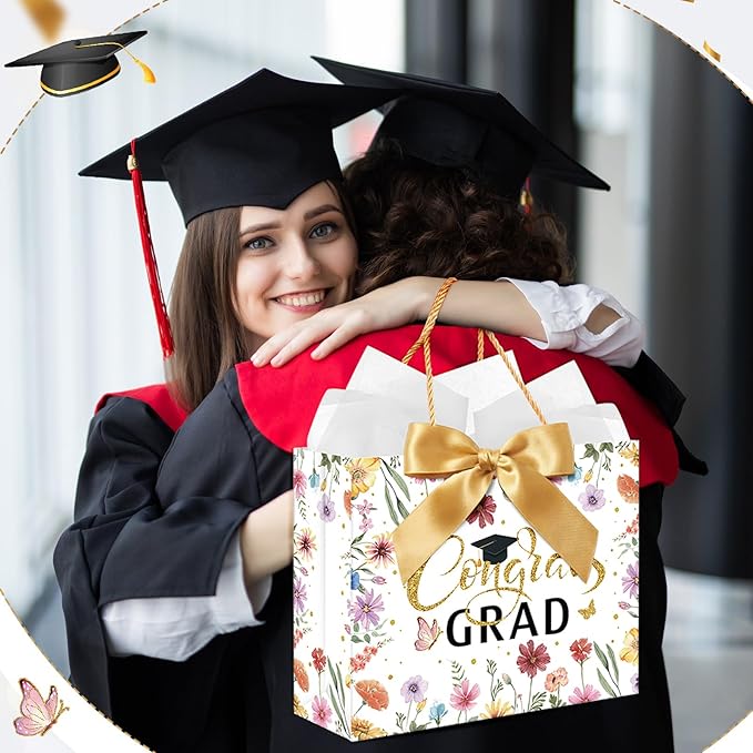 Maitys 12 Pack 13" Large 2026 Graduation Gift Bags Bulk with Handle, Tissue Papers, Cards, Ribbons Class of 2026 Congrats Grad Wildflower Paper Wrapping Bag for College Graduation Party Supplies