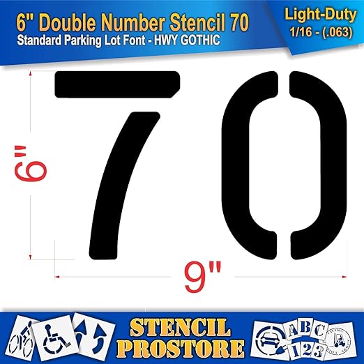 Pavement, Curb, and WheelStop Stencils - 6 inch Double Number Stencil - (70) - 6" x 9" x 1/16" (63 mil) - Light-Duty