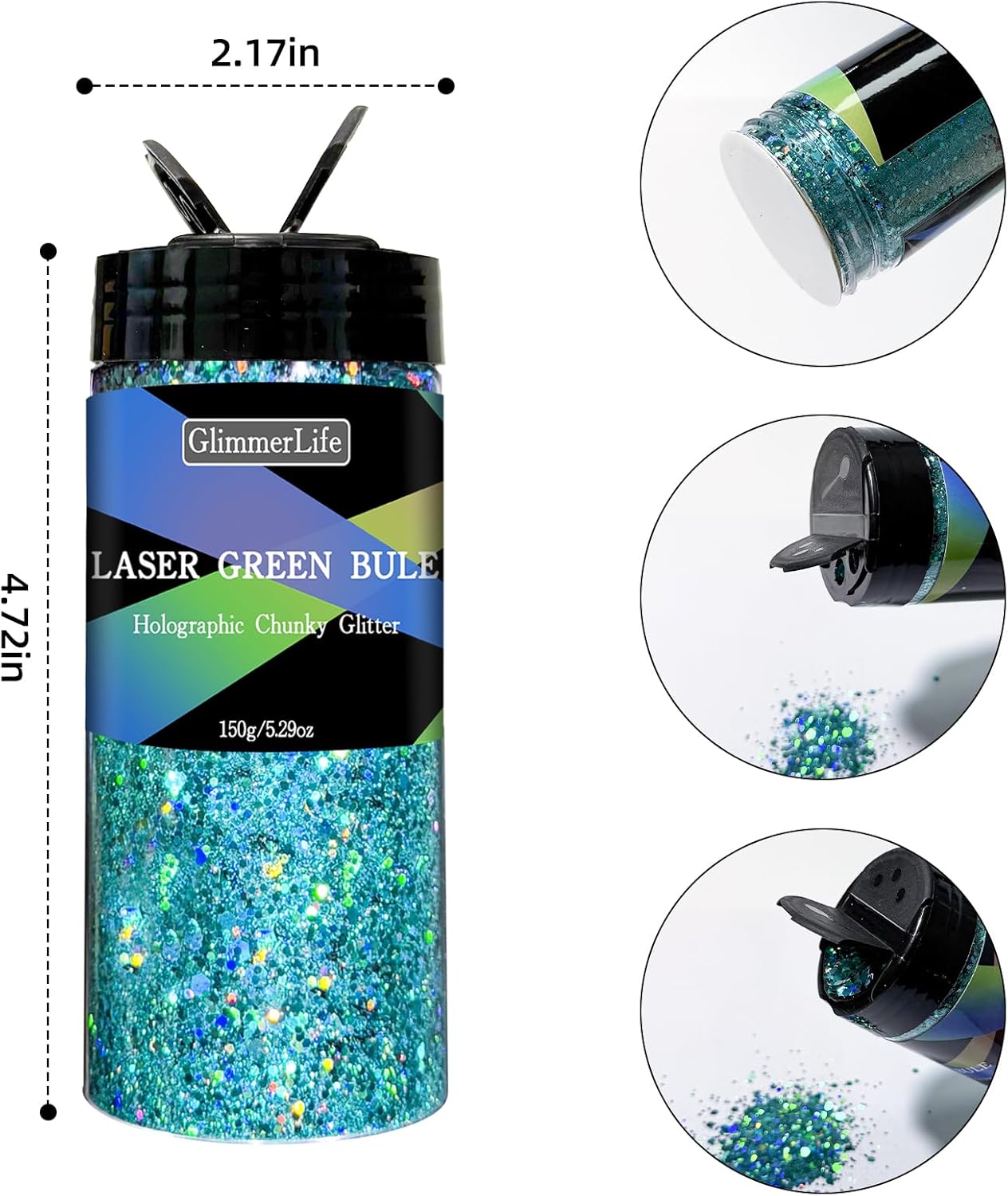 GlimmerLife Chunky Glitter 150G/5.29OZ Glitter, Holographic Chunky Glitter, Iridescent Sequin Flake Resin Glitter for DIY Crafts, Nail, Body, Face, Christmas Decorations