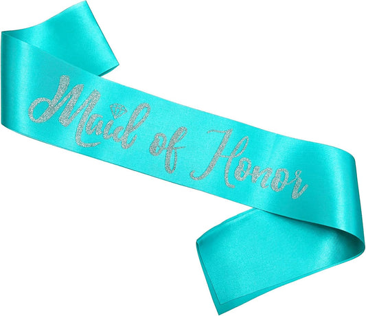 Maid of Honor Sash, Blue Sash with Silver Glitter Letter Bachelorette Party Sash for Bridal Shower Wedding Party Accessories Supplies Engagement Gifts