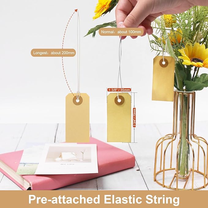 Manila Paper Tags with Elastic String - Coideal 200 Pcs Small Hang Price Tags Attached Reinforced Hole, Blank Marking Shipping Tags Label for Hanging Gift Clothing Jewelry (2 3/4" x 1 3/8")