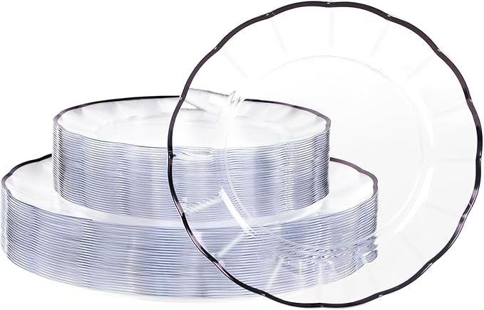 supernal 60pcs Clear and Black Plastic Plates New Fancy Scalloped Plates Disposable Heavy Duty Disposable Dinnerware Include 30 Dessert Plate & Dinner Plate for Valentine's Day Easter and Party