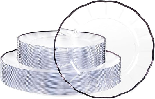supernal 60pcs Clear and Black Plastic Plates New Fancy Scalloped Plates Disposable Heavy Duty Disposable Dinnerware Include 30 Dessert Plate & Dinner Plate for Valentine's Day Easter and Party