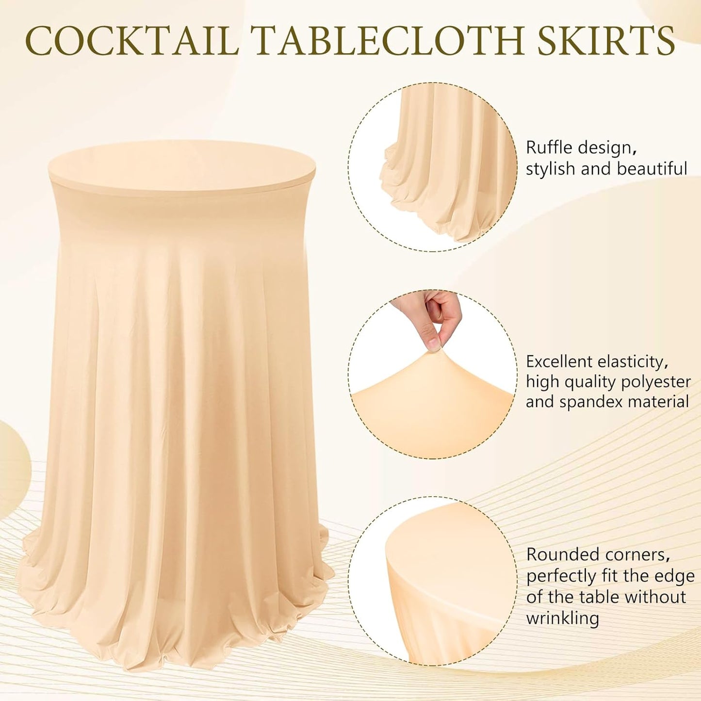 Tegeme 1 Pack 32 x 43 Inch Round Spandex Cocktail Tablecloths with Skirt Cocktail Round Table Cover Spandex Stretch Tablecloth for Fitted High Top Table Bar Wedding Party Banquet (Champagne)