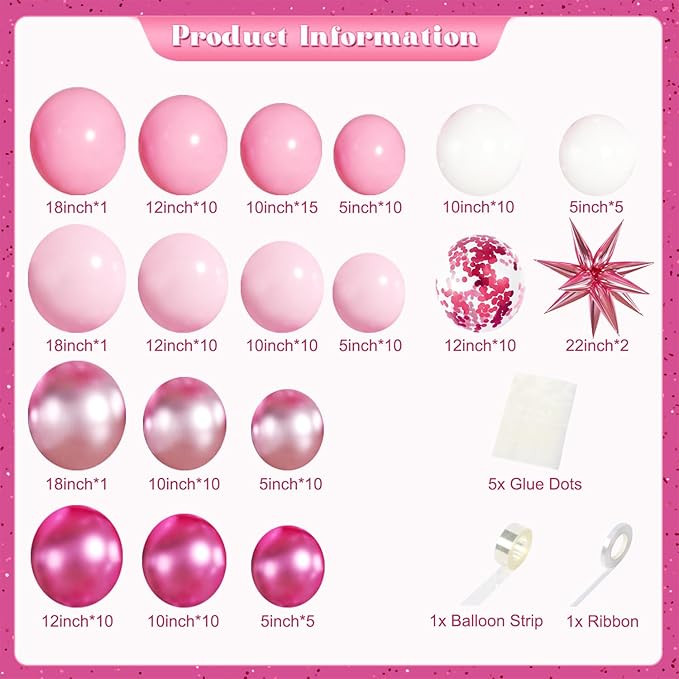 Pink Balloon Garland Arch Kit, 140Pcs Hot Light Metallic Pastel Pink White Confetti Balloons With Stars for Birthday Valentines Day Birdal Shower Wedding Gender Reveal Graduation Party Decorations