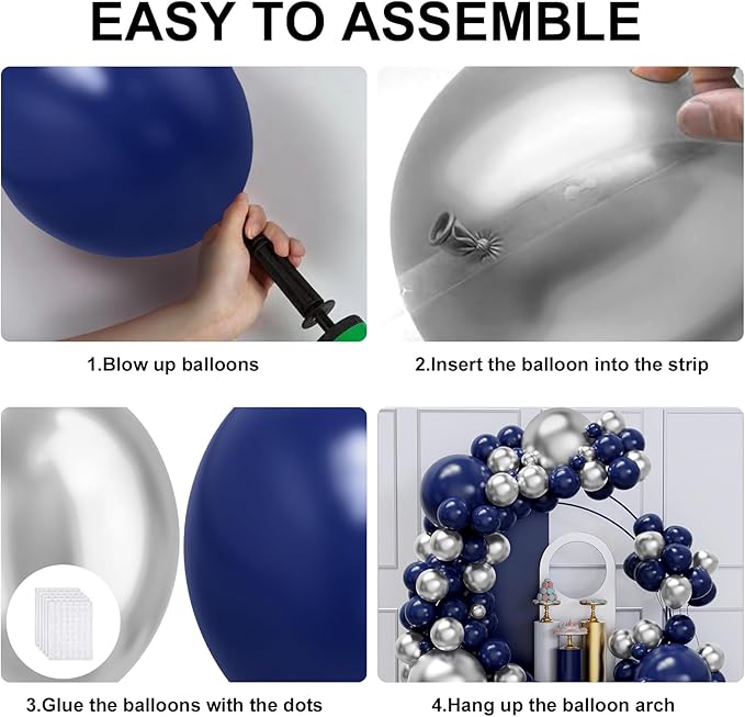 Blue and Silver Balloons Arch Garland Kit, 134pcs Navy Blue and Silver Balloons with Different Size for Birthday Party Baby Shower Graduation Class of 2025 Prom Decorations