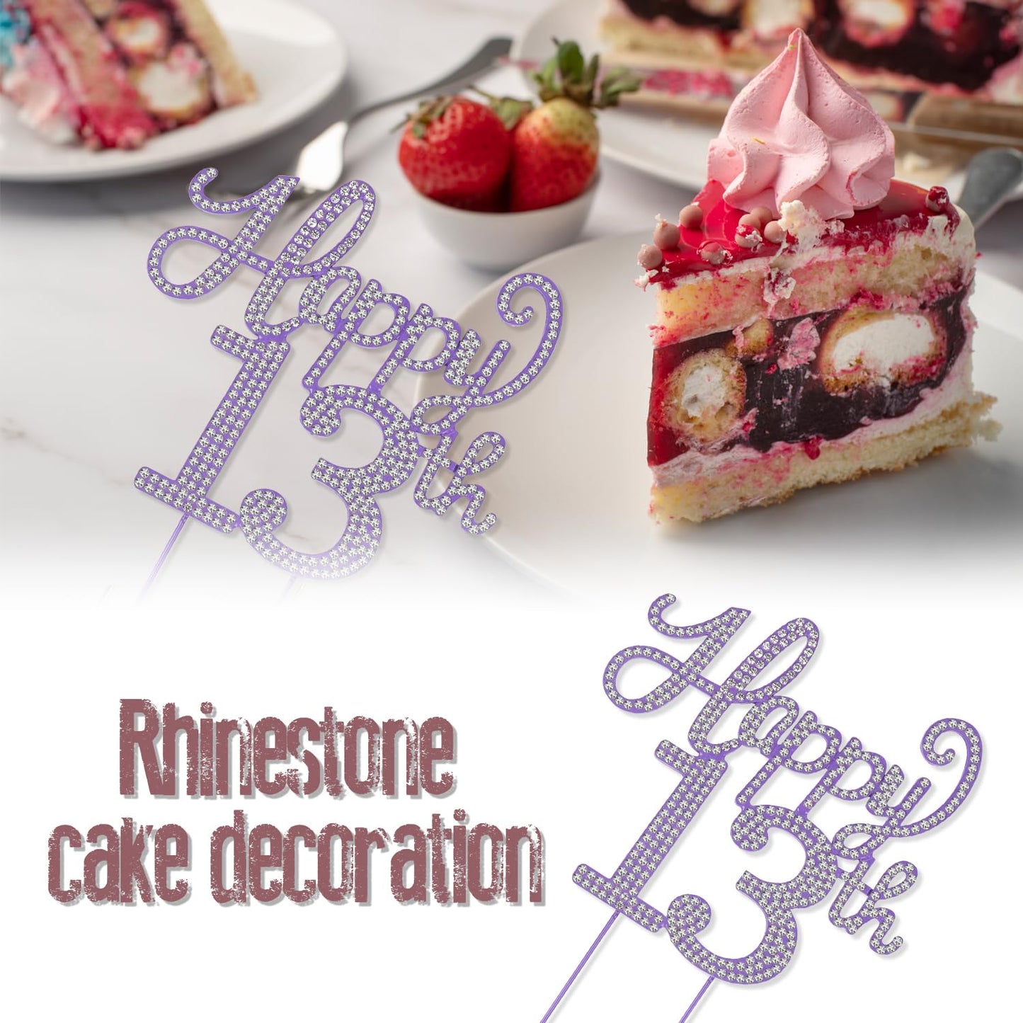 LASKYER Happy 13th Birthday Purple Rhinestone Cake Topper - 13th Birthday/Anniversary,Cheers to Thirteen Years Old Bday Party Metal Sparkly Centerpieces Decorations.