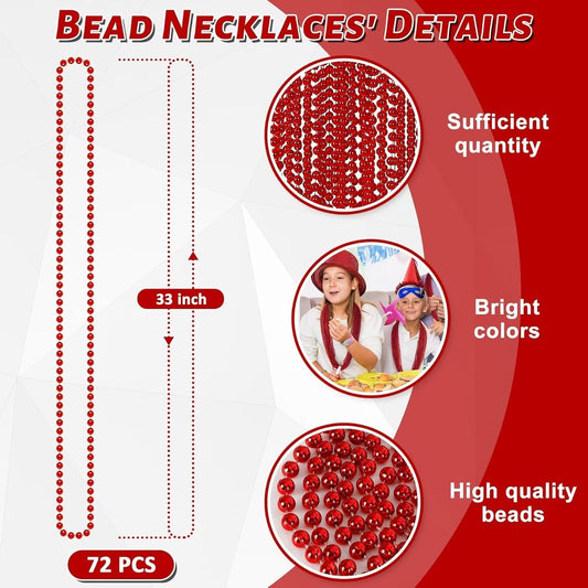 72PCS Bead Necklace, Red Christmas Bead Stuff Party Favors, 33" Necklaces Festival Parade Throw Accessories for Wedding Birthday Valentines Mardi Gras Christmas Celebrations Decorations