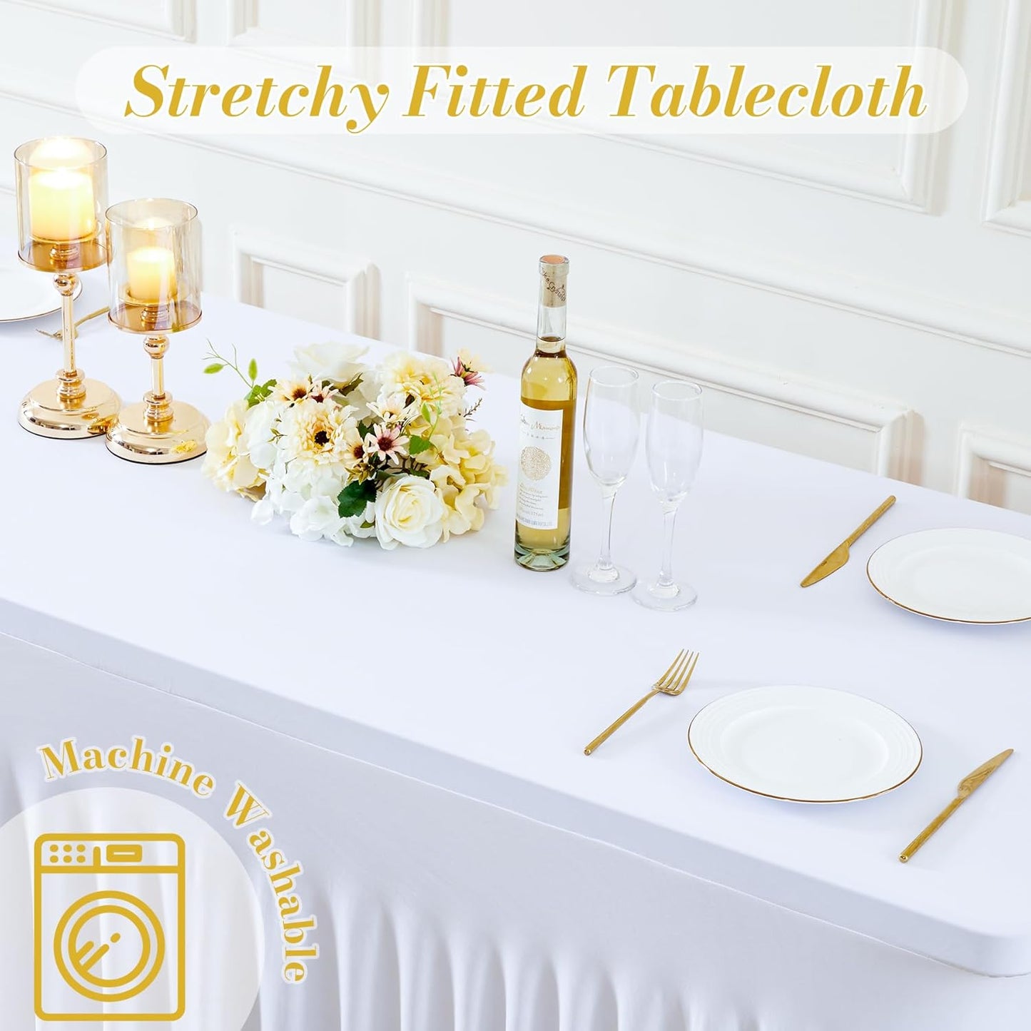 gogoparti 4 Pack Spandex White Fitted Table Cloth for 8ft Rectangle Tables White Stretch Tablecloth Table Covers Banquet Table Clothes Wrinkle Free Table Skirt for Parties Wedding