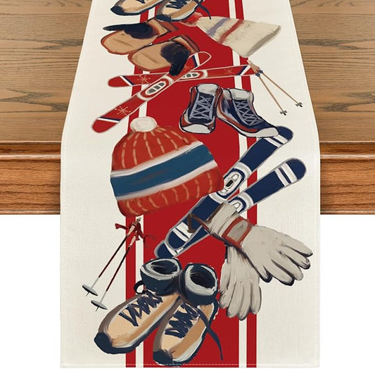 Artoid Mode Red Sleigh Snowboarding Christmas Table Runner, Seasonal Winter Holiday Kitchen Dining Table Decoration for Indoor Outdoor Home Party Decor 13x72 Inch