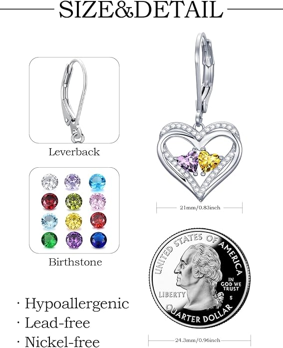 Valentines Day Gifts for Women, Heart Leverback Earrings Double Birthstone Dangle Earrings for Women, Love Jewelry for Her, Anniversary Birthday Gift for Mom Wife Girlfriend