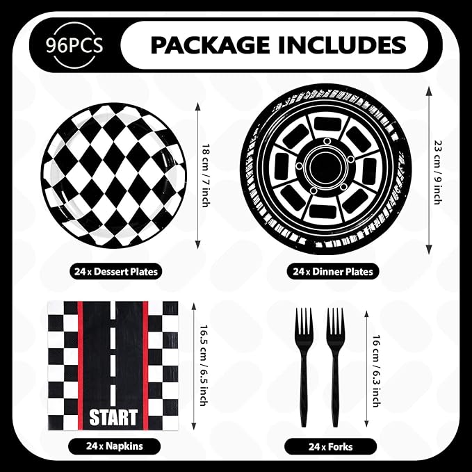 Grencian 200Pcs Race Car Birthday Party Decorations Race Car Plates and Napkins Disposable Black White Checkered Paper Tableware Set for Children Men Racing Themed Birthday Party Supplies Serve 24