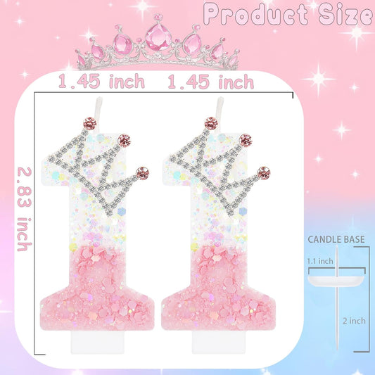 Pink White Number 11 Candle, Glitter Crown Cake Topper, Princess Birthday Party Decorations for Girls and Women Anniversary Celebrations Party Favors