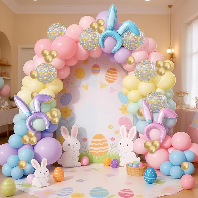 155pcs Easter Balloon Arch, Pastel Rainbow Balloon Garland with Bunny Ears Foil Balloons, Pink Purple Yellow Green Blue White Gold Confetti Balloons for Easter Spring Baby Shower Birthday Decorations