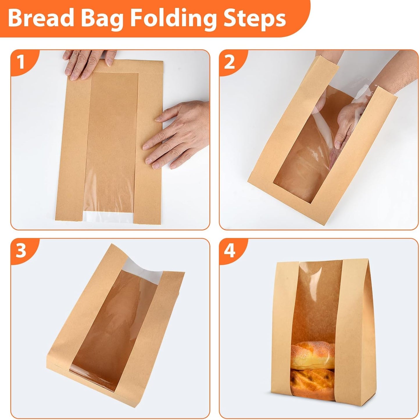 50 Pcs Bread Bags for Homemade, ROOKEA Sourdough Bread Bags with Window for Baked Paper Packaging with Sealing Stickers Bakery Cookie Food Snack Storage Large Kraft Paper 13.7x8.2x3.5 inch