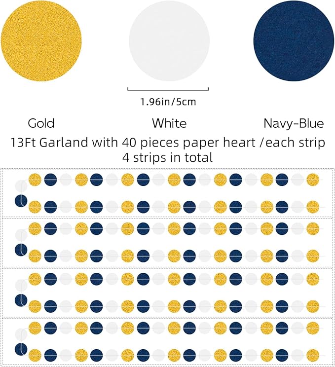Navy-Blue White Gold Birthday-Party-Decorations - 52Ft Paper Garland Circle Dots Streamer Graduation Banner Christmas Decoration Baby Shower Bridal Engagement Bachelorette Hanging Decor HongTongTong