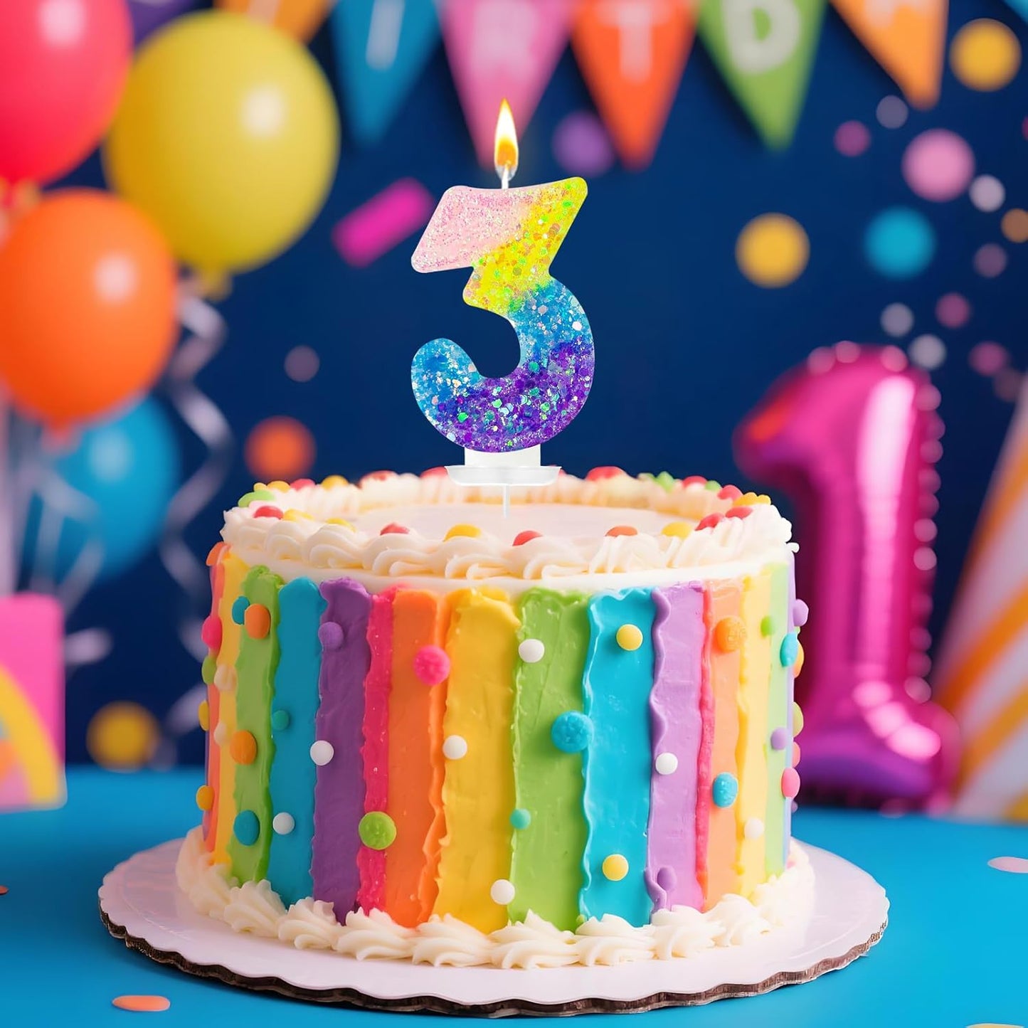 Birthday Candles Pastel Macaron Glitter 3D Rainbow Number Candles for Birthday Cake Girls Women Sweet Theme Birthday Wedding Anniversary Party Cake Decoration (Number 3)