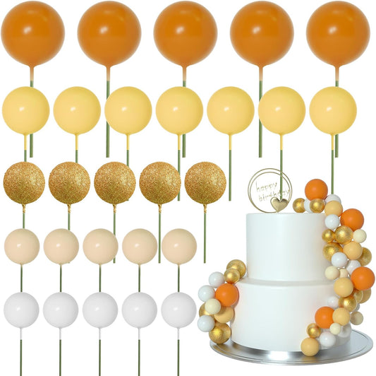 ASTARON 50 Pcs Ball Cake Topper Sticks Mini Balloons for Cake Decorating Supplies Foam Balls Cake decorations for Baby Shower Cake Birthday Cake Toppers Decorations (Orange Yellow Series)