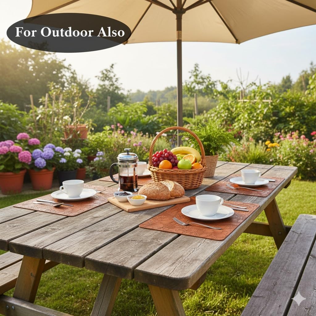 17" × 12" Faux Leather Placemats Set of 6, Caramel Brown, Washable, Wipeable & Heat-Resistant Table Mats, Waterproof & Anti-Slip Dining Place Mats with Shallow Embossed Texture for Kitchen & Dining