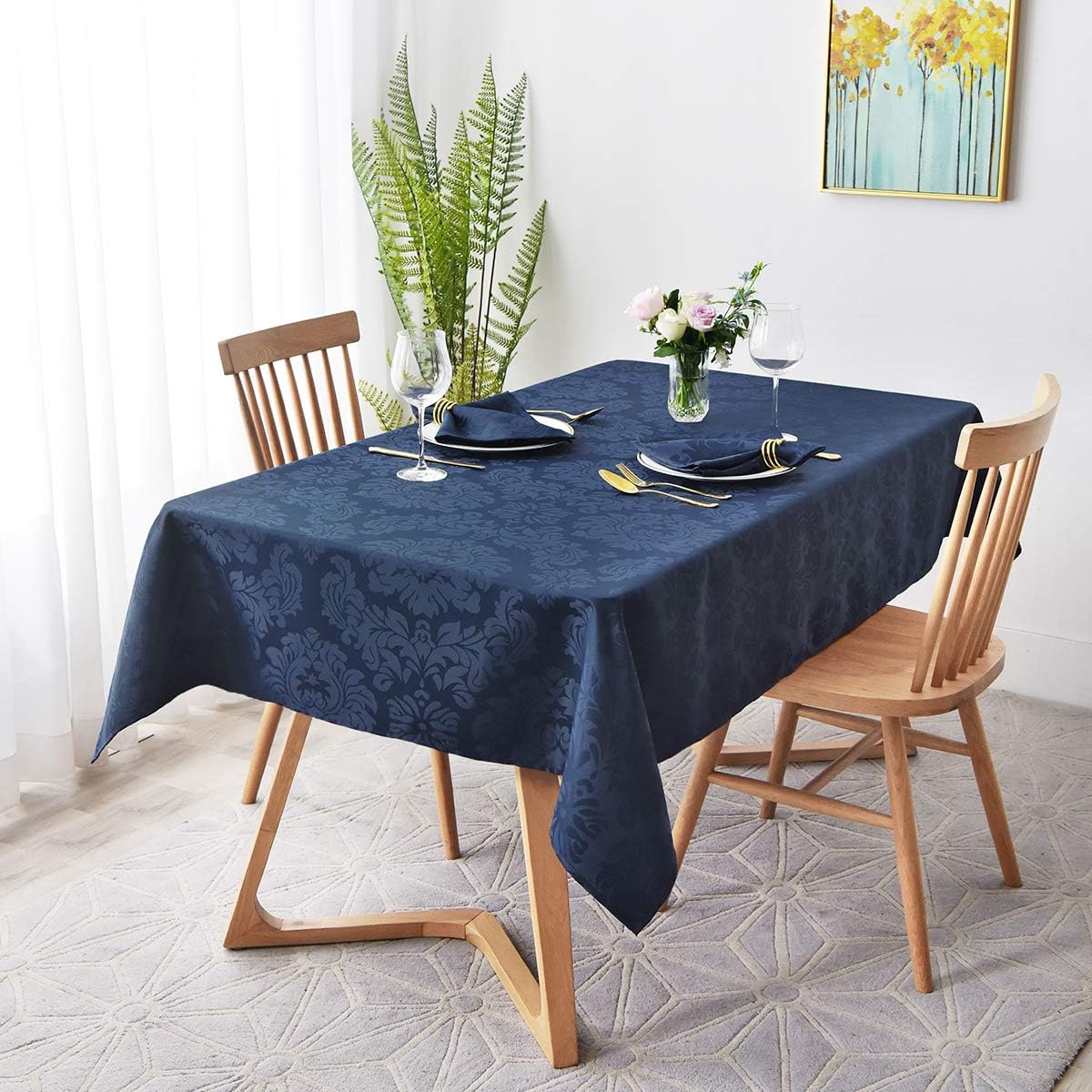 maxmill Square Tablecloth Damask Design Water Resistance Antiwrinkle Heavy Weight Soft Table Cloth for Buffet Banquet Parties Event Holiday Dinner Square 70 x 70 Inch Navy Blue