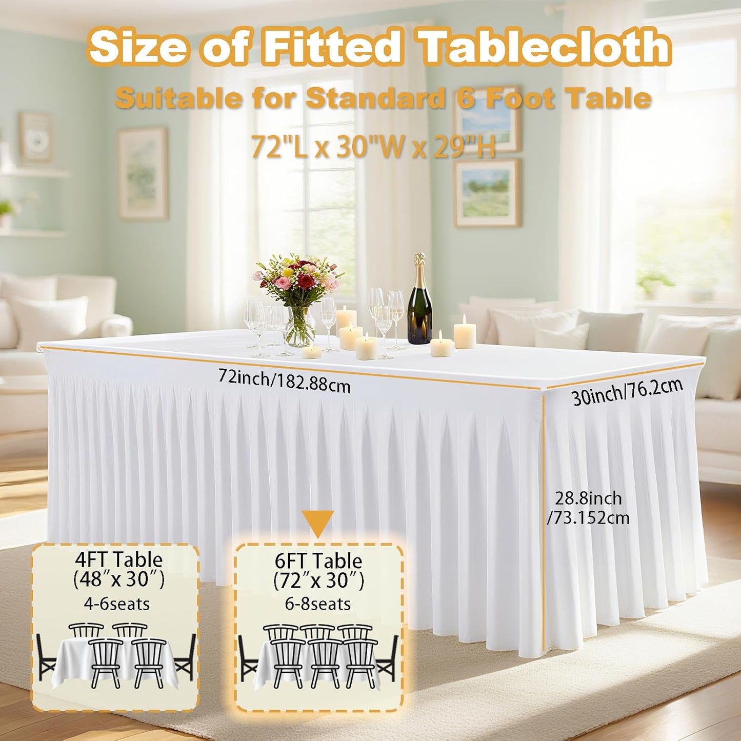 5 Pack White Spandex Tablecloths, Stretch Fitted 6ft Table Cover (120 Inch) with Skirt, Wrinkle Free for Weddings, Parties, Banquets, Dining Fits 6 Foot Rectangle Tables