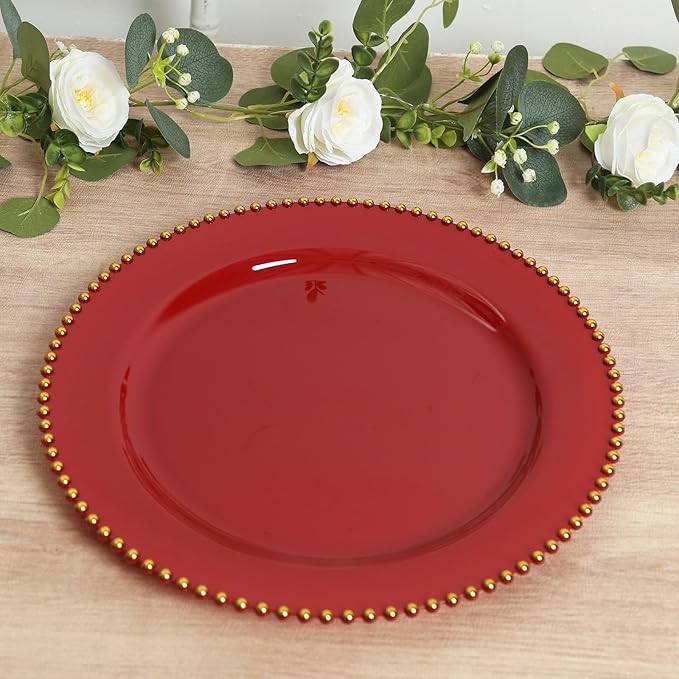 Efavormart 10-Pack Economy Plastic Charger Plates 13" Round Red with Gold Beaded Rim - Stylish Dinner Party Serving Plates
