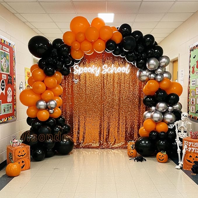 133pcs Orange Black Silver Balloons Garland for Halloween Decorations, Graduation, Basketball Theme Decorations, Party Backdrop, Birthday, Haunted House, Trick or Treat Party Supplies