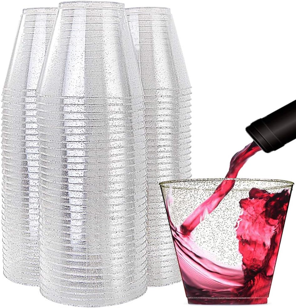 WDF 200pcs 9OZ Silver Cups, Plastic Disposable Premium Wedding Silver Glitter Plastic Cups for Christmas Party