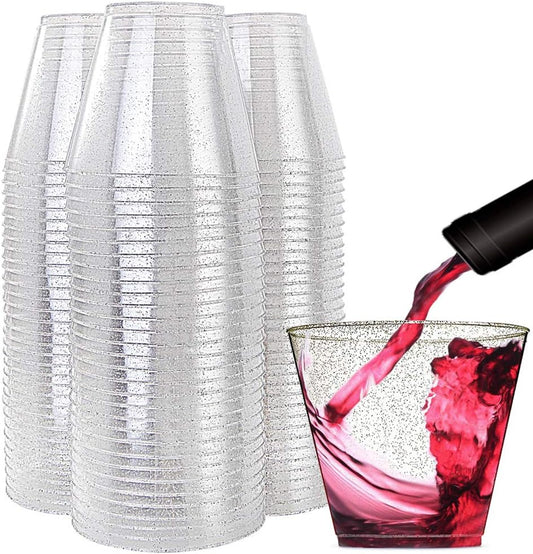 WDF 200pcs 9OZ Silver Cups, Plastic Disposable Premium Wedding Silver Glitter Plastic Cups for Christmas Party