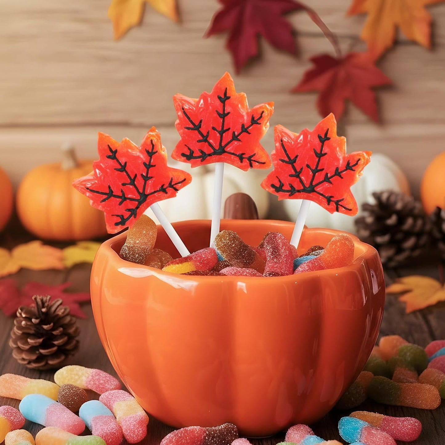 Maple Leaf Lollipops, 50 Pieces of Thanksgiving Candy Individually Wrapped, Perfect Fall Candy Favors for Thanksgiving, Autumn Parties, Cozy Fall Gatherings and Fall Celebrations