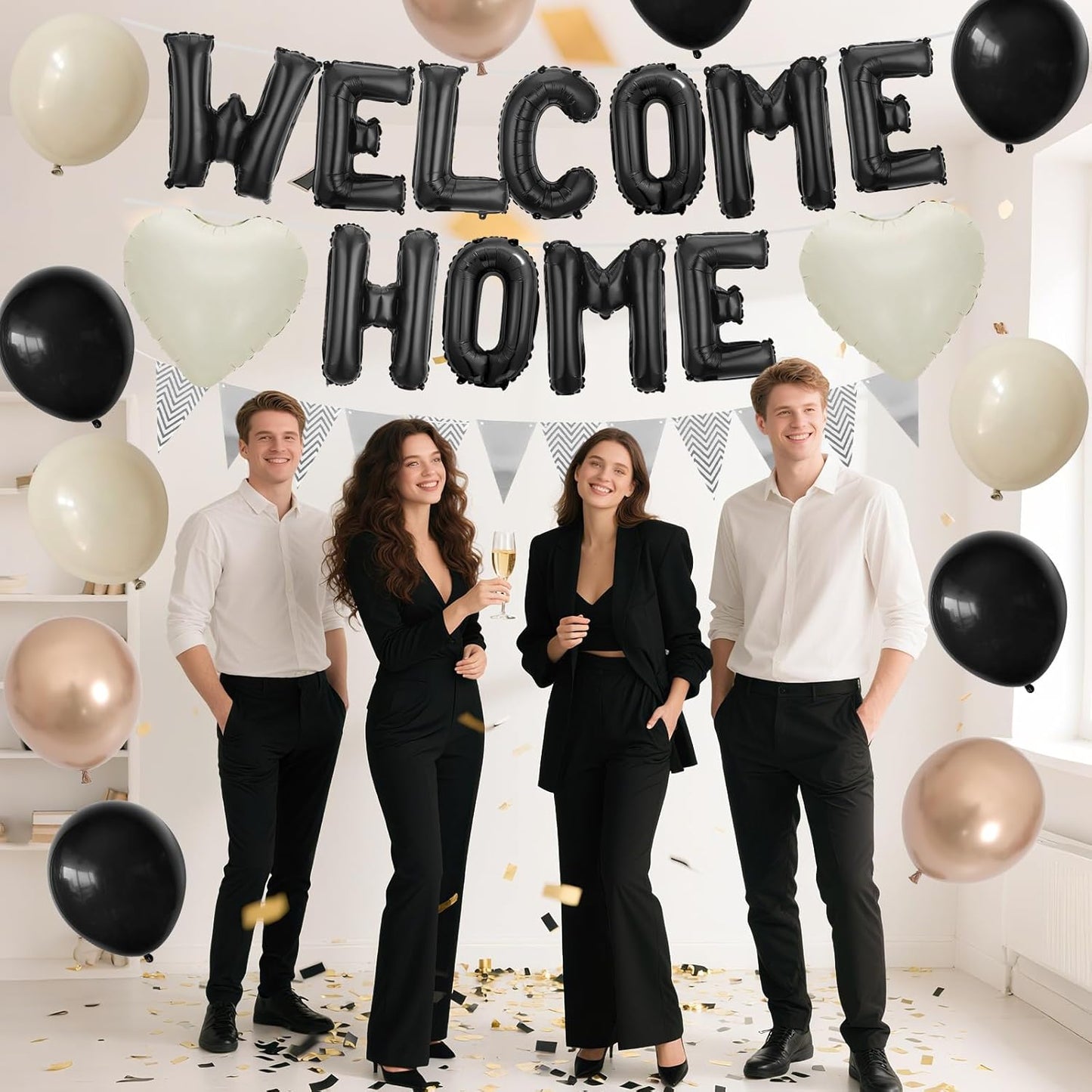 Welcome Home Decorations Black White Gold,Black Welcome Home Foil Balloon Banner with Sand White Heart Balloons Pennant Flag Bunting for Housewarming Baby Shower Family Party Supplies