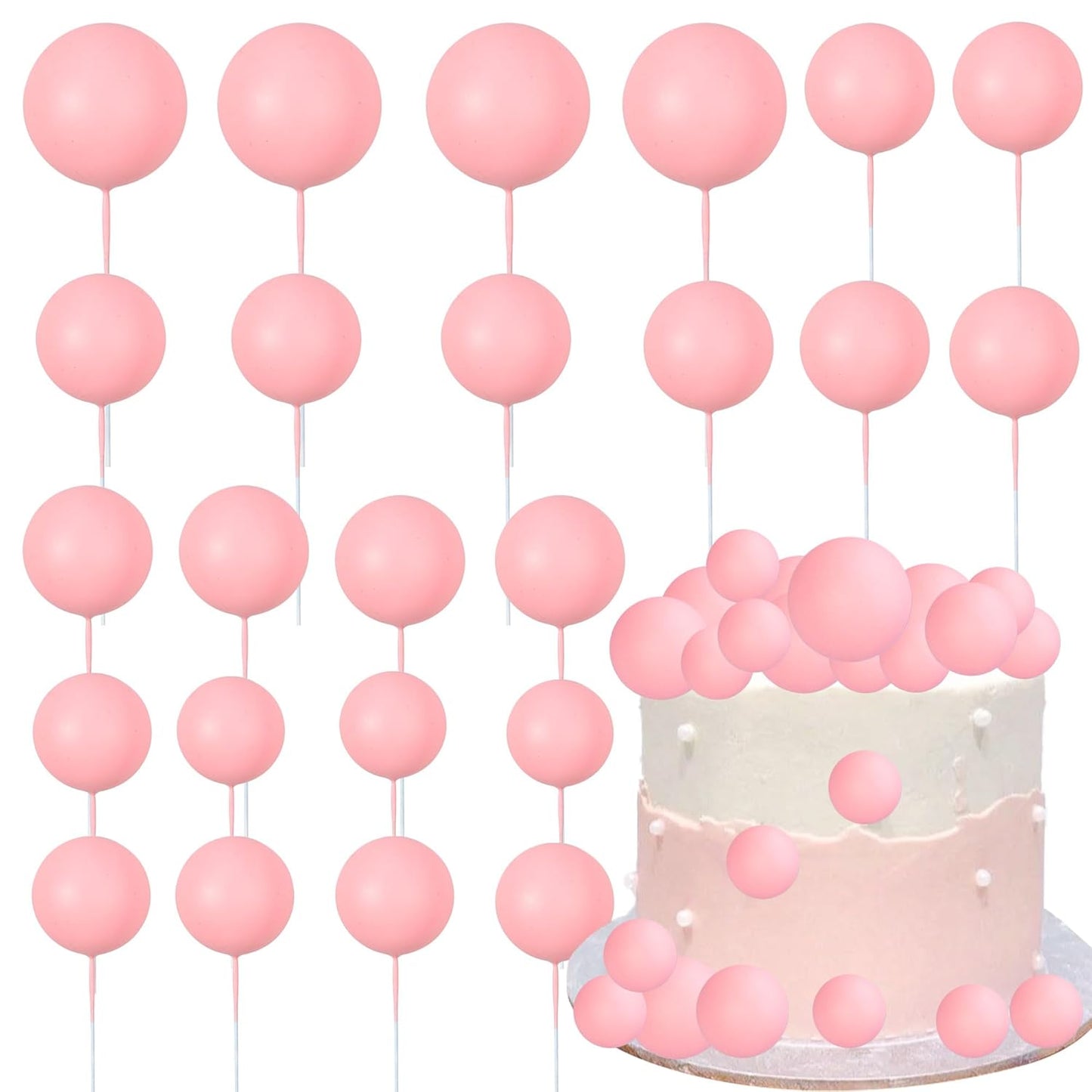 Gyufise 30Pcs Balls Cake Topper DIY Cake Insert Toppers Ball Cake Picks Cupcake Topper for Birthday Party Baby Shower Wedding Cake Decoration Pink